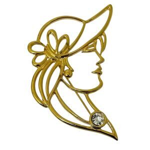 Vintage Signed Tona Brooch Woman Lady Hat Pin Gold Tone